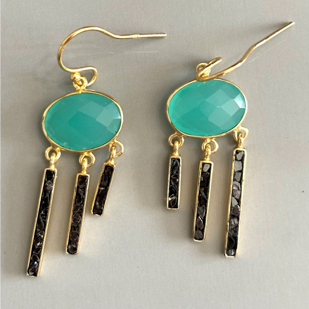 14 Karat Gold Plated Drop Earrings With Blue Glass And Diamond Chips